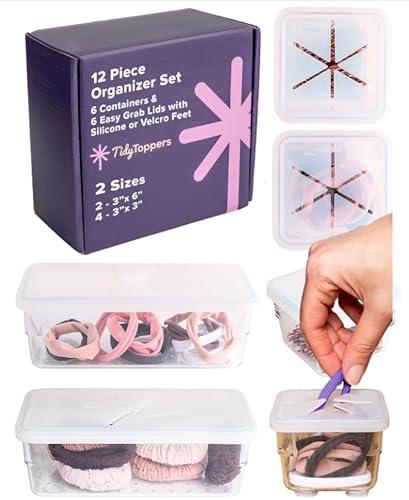 Tidy Toppers - 6 Clear Plastic Drawers Organizer Containers & 6 Matching Easy-Grab Silicone Lids - Keep Your Hair Ties, Desk & Bathroom Accessories Drawer, Vanity, Playroom Storage & More Organized!