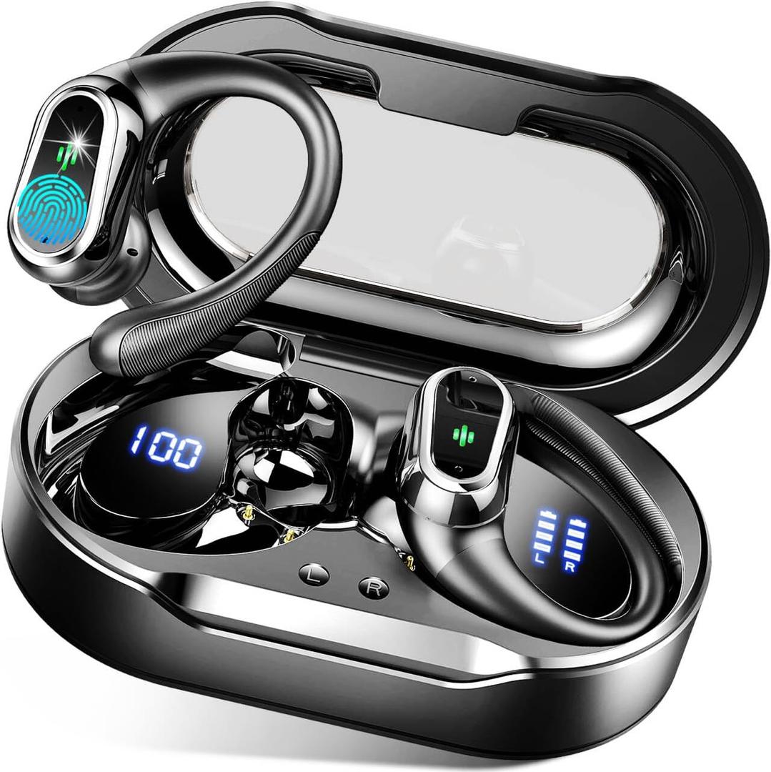Wireless Earbuds, 2025 Bluetooth 5.4 Headphones Sport, Bluetooth Earbuds with ENC Noise Canceling Mic, 50H Stereo Wireless Headphones IP7 Waterproof with Earhooks, Dual LED Display for Workout/Running (Light Black)