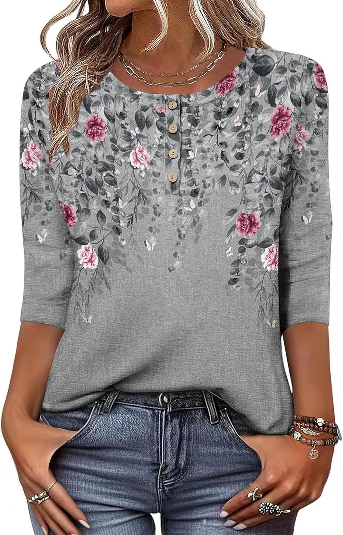 Zeagoo 3/4 Length Sleeve Women Tops Crew Neck Blouses Dressy Casual Summer T Shirts Loose Fit Business Work Clothes, Large