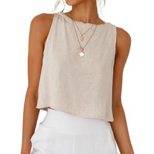 IDEALSANXUN Womens Linen Crop Tank Tops 2026 Spring Summer Beach Sleeveless Tops (Beige, L)