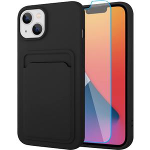 MZELQ Compatible with iPhone 14 Case TPU Card Holder Wallet Cover,Camera Protection + Screen Protector Soft Card Slot Phone Case -Black