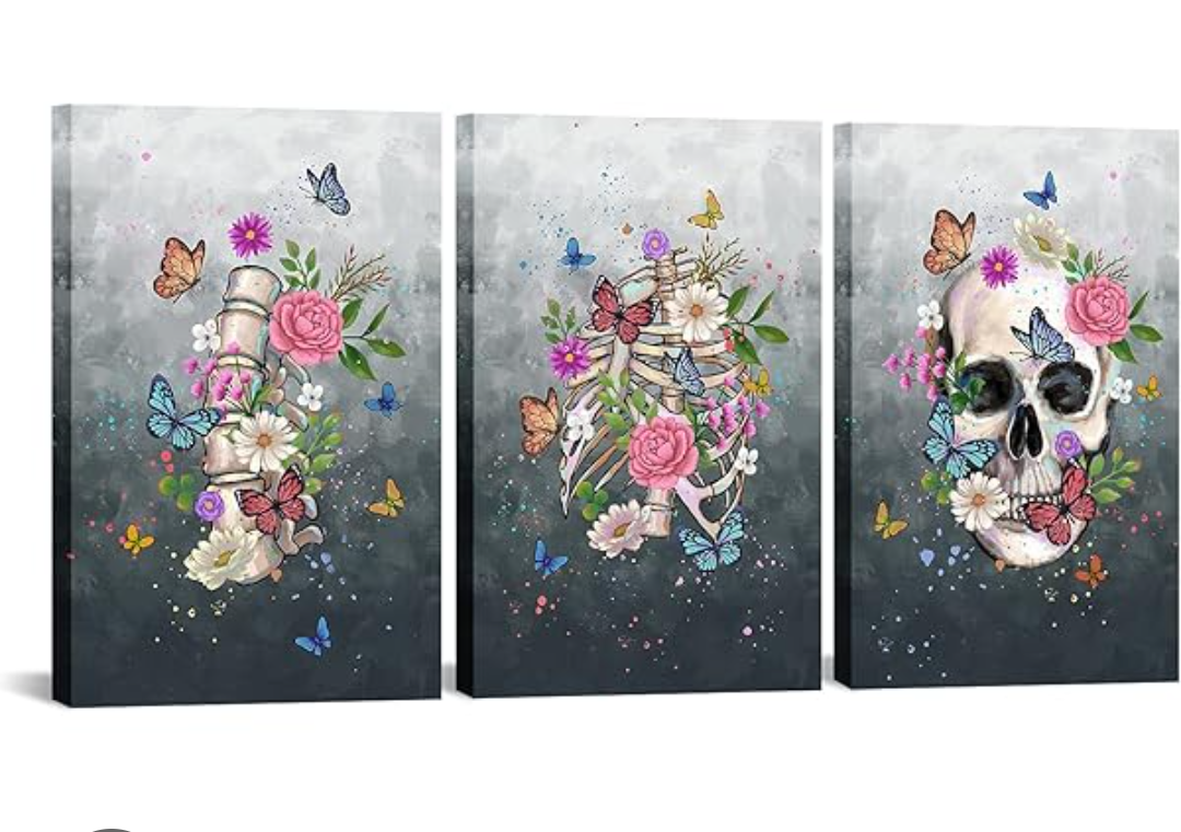 OuElegent 3 Piece Skull Wall Art Canvas Sugar Skull Colorful Flowers Butterfly Painting Gothic Theme Skeleton Pictures Prints for Living Room Bedroom Decoration Framed Ready to Hang