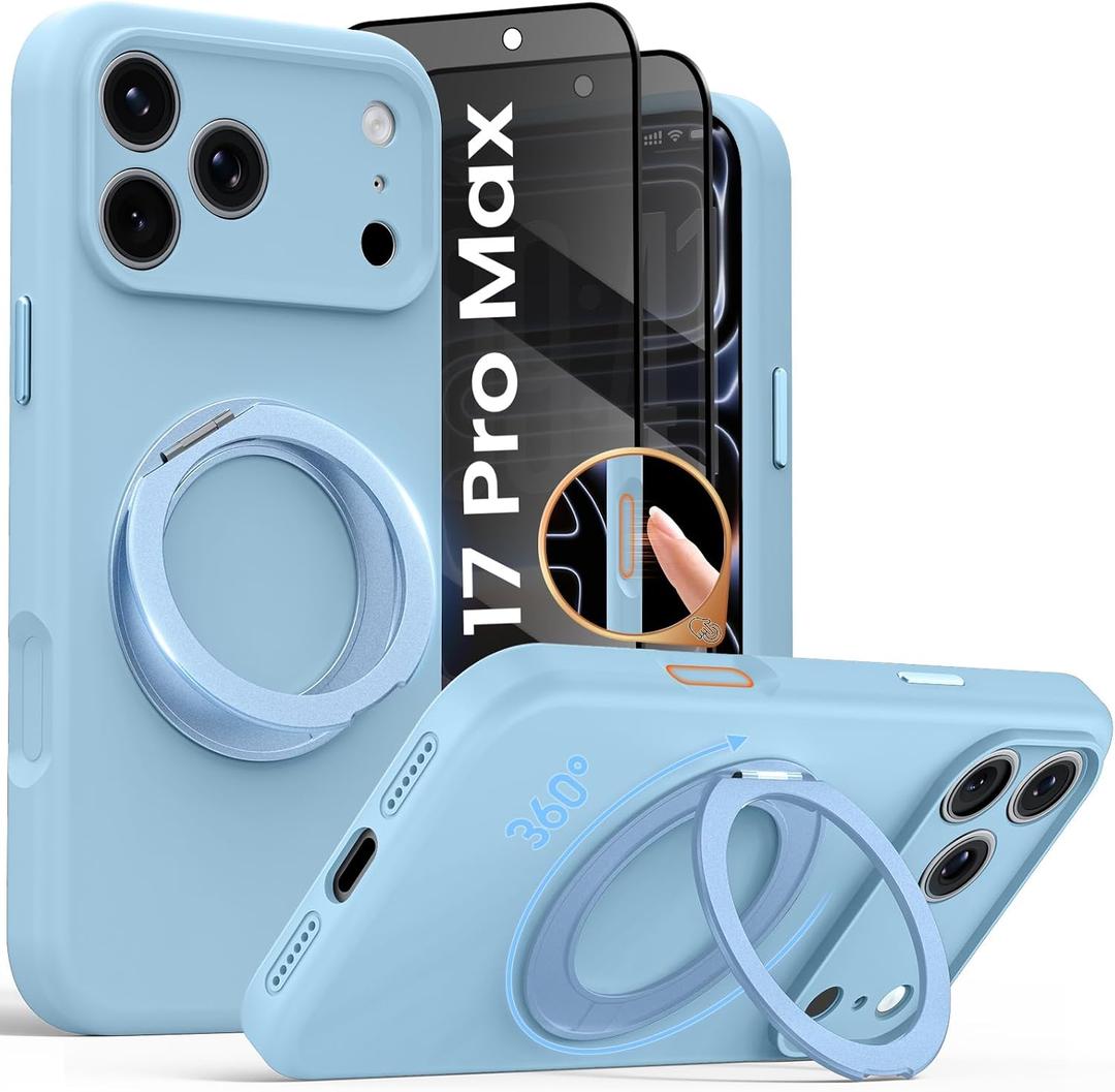 for iPhone 17 Pro Max Case with 360 Magnetic Stand, [2X Privacy Protector][Compatible with MagSafe] Reinforced Silicone Case Shockproof Drop Protection Cover with Camera Control (Light Blue)