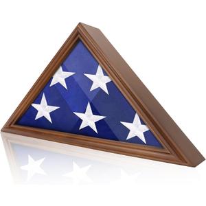 Flag Display Case - 5' x 9.5' Funeral & Military Flag Shadow Box with HD Tempered Glass and Wall Mount, Folded Triangle Flag Holder Frame for Veterans, Walnut