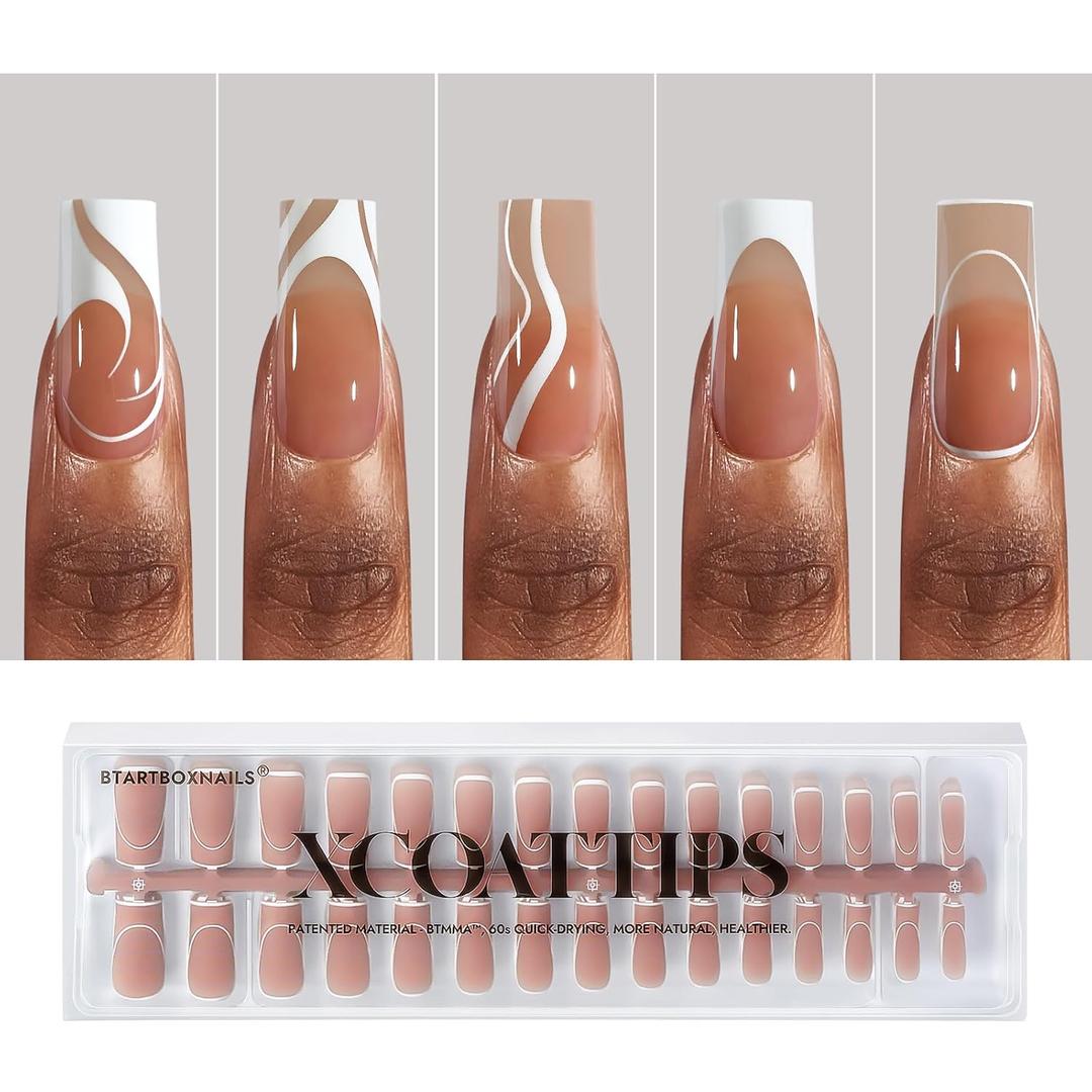 BTArtbox XCOATTIPS Gel Nails - 5 Styles Pre-Designed Swirl Soft Nail Tips Square, Ultra Fit French Tip Fake Nails with Pre-applied Tip Primer & Base Coat Cover Easy for Nail Art DIY