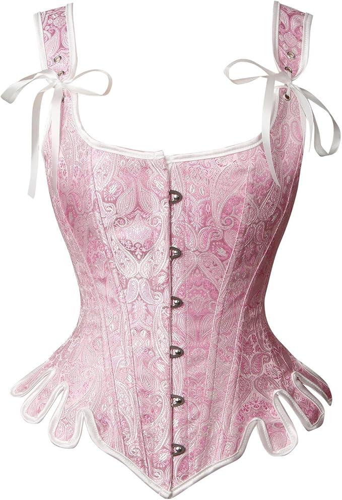 Charmian Women's Victorian Vintage Boned Brocade Lace Up Bustier Overbust Corset Top with Straps Pink Medium