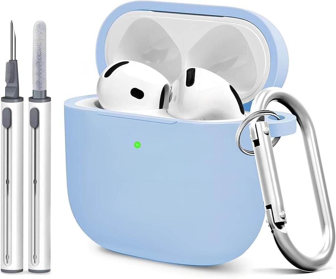 for Airpods 4th Case Cover, Come with Cleaner Kit,Soft Skin Silicone Case Cover with Keychain, Full Protective Case for Men and Women, Compatible with AirPods 4th Generation Case,Sky Blue