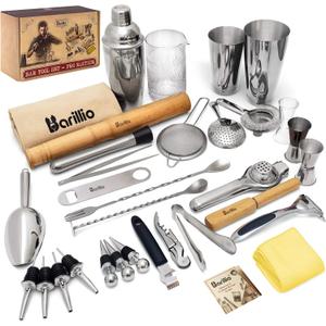 Barillio Bar Tool Set Pro Edition - Stainless-Steel Cocktail Shaker Set - Mixology Bartender Kit w/Boston Shaker, Drink Mixer & Muddler For Cocktails - Home Bar Accessories - 32-Pc Bar Kit (Silver)