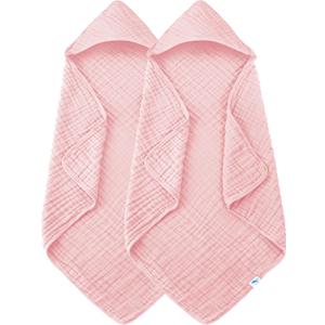SWEET DOLPHIN Muslin Hooded Baby Bath Towels - 2 Pack 100% Cotton Towel for Babies, Infants, Toddlers - 32x32Inch - Highly Absorbent and Newborn Essential, Pink