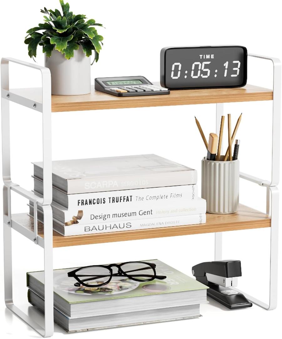 YGYQZ Desk Organizer Shelf2 Tier Detachable Table Top Bookshelf, Freestanding Display Shelf for Office, Dormitory, Home,White+Wood