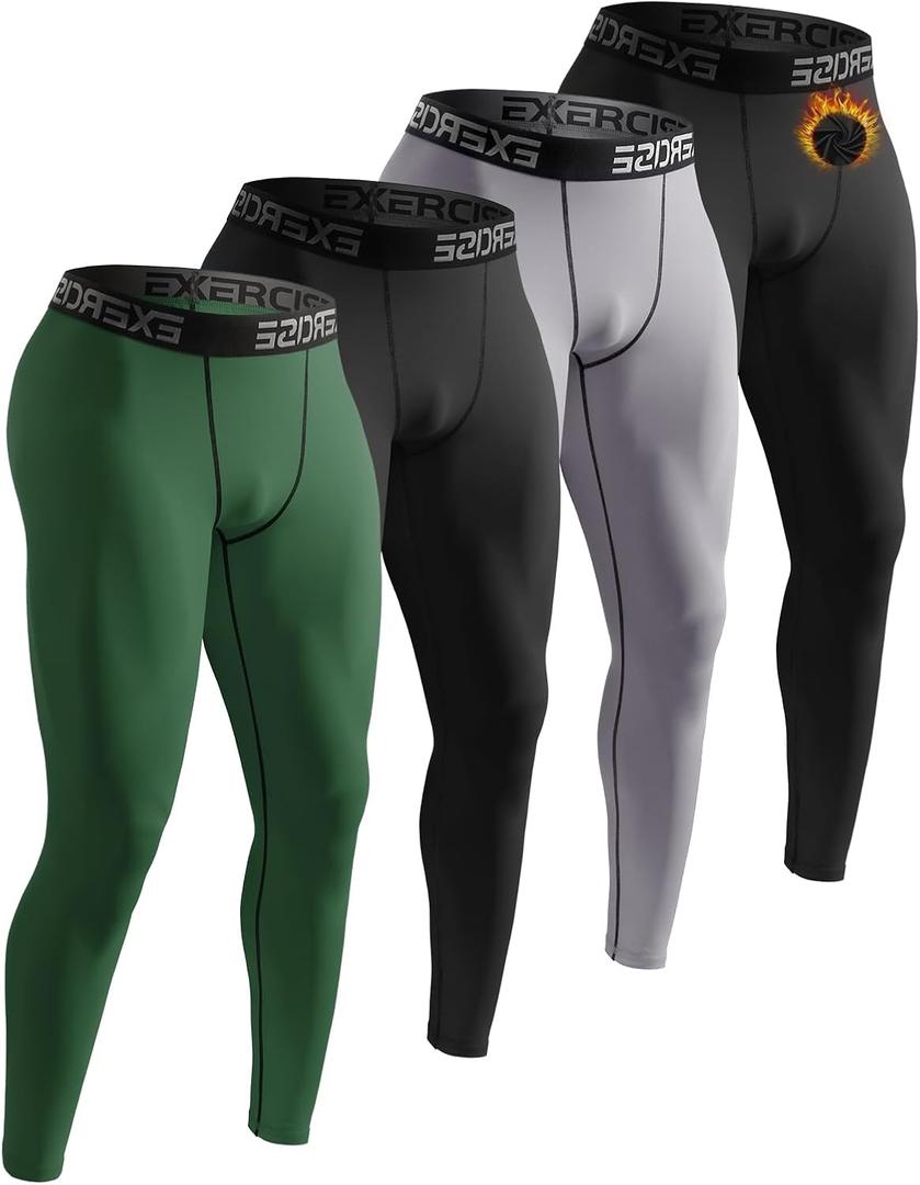 4 Pack Men's Thermal Compression Pants Fleece Lined Long Johns Winter Athletic Workout Leggings Baselayer (Medium, Black/Gray/Black/Dark Green)