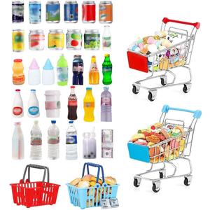 135Pcs Mini Shopping Cart Basket Miniature Food Drink Toy Supermarket Metal Handcart Dollar Bills Toys Dollhouse Store Grocery Accessories Kitchen Cosplay Play Game Party Model