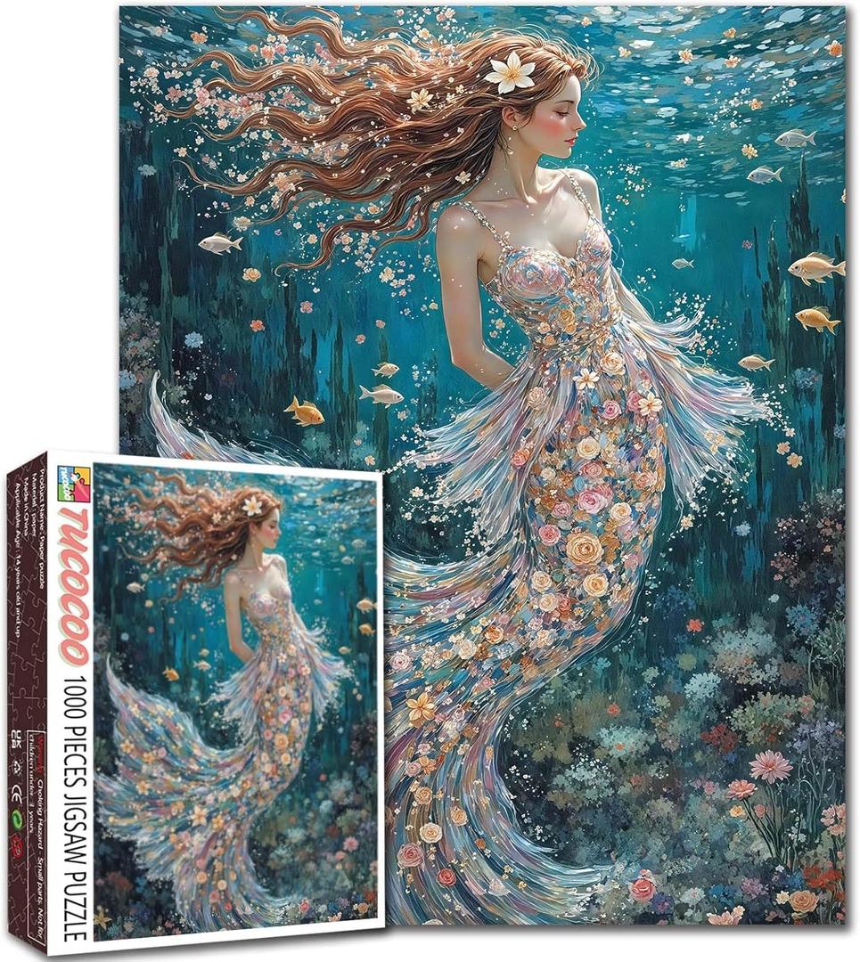 Mermaid Girl Jigsaw Puzzle 1000 Pieces Puzzles for Adults, Underwater Sea Painting Jigsaw Puzzle for Challenging Family Activity Games Colorful DIY Puzzle for Home Decoration Gifts 20 x 27 Inches