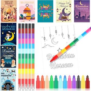 Zhanmai 48 Pcs Ramadan Coloring Book Bulk Eid Mubarak Party Favors Set with Stacking Crayons Ramadan Star Moon Holiday Activity Book Goodie Bags Fillers for Activities Party Favors Supplies Gifts