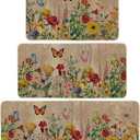 Artoid Mode Wood Flowers Butterfly Spring Kitchen Mats Set of 3, Seasonal Home Decor Leaves Low-Profile Kitchen Rugs for Floor - 17"x29"+17"x36"+17"x47" (Brown)