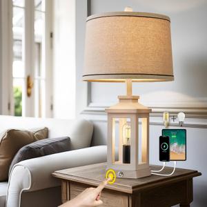 23.75" Retro Farmhouse USB C+A Ports Table Lamp with 3 Way Dimmable Touch Control White Nightlight Vintage Modern Lamp for Living Room Bedroom with 2 Light Sources