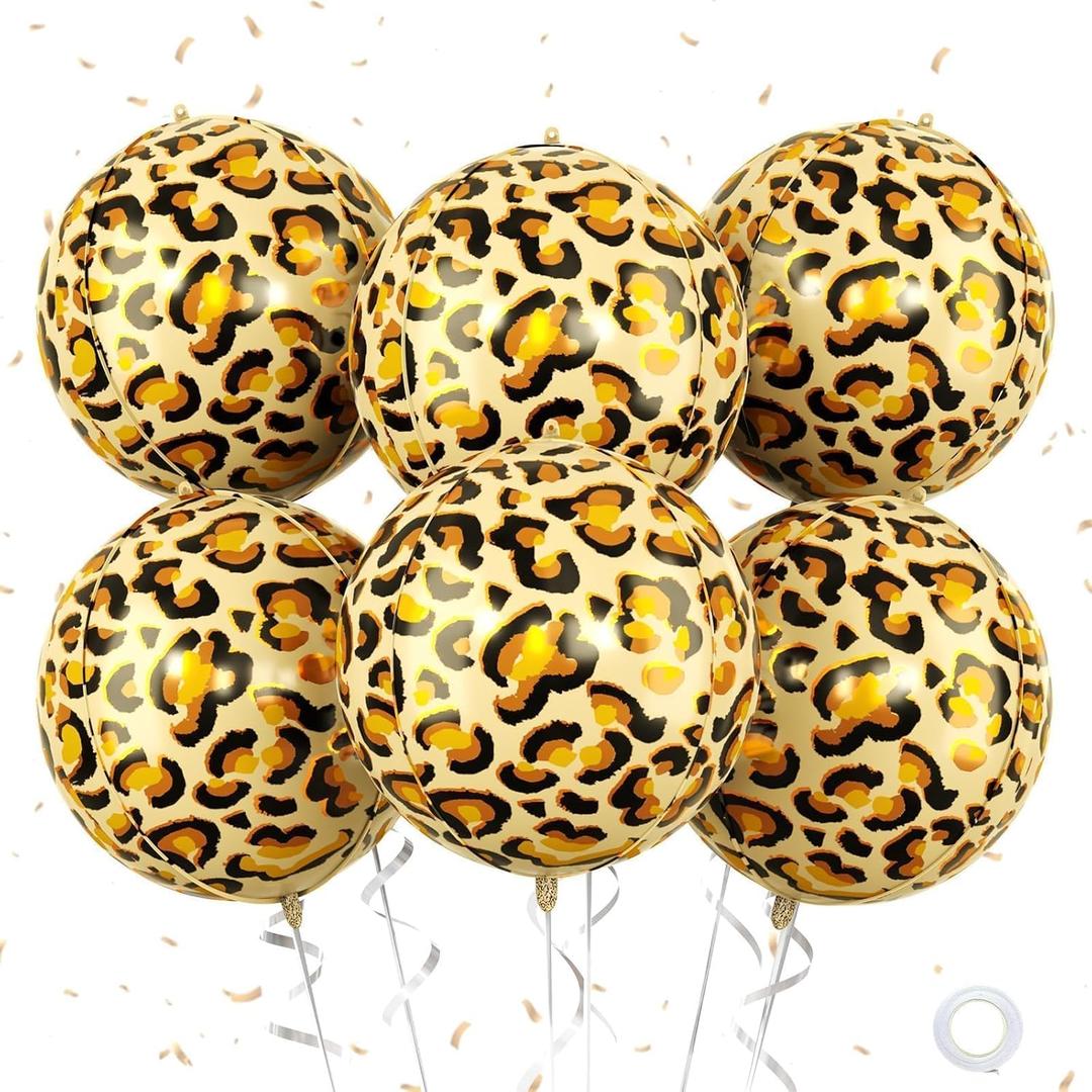 4 x Leopard & Cheetah Print Foil Balloons, 6Pcs Large Metallic Leopard print Round Balloons, 22 Inch Big Round Foil Balloon for Camo Animal Jungle Adventure Birthday Party Baby Shower Wedding Decorations
