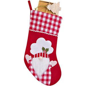 Blinket Christmas Stockings, 12.6 Inches Red Plaid Gnome Stocking with Chef Hat Striped Trim Xmas Hanging Stocking Decorations for Holiday Christmas Party Family Decor