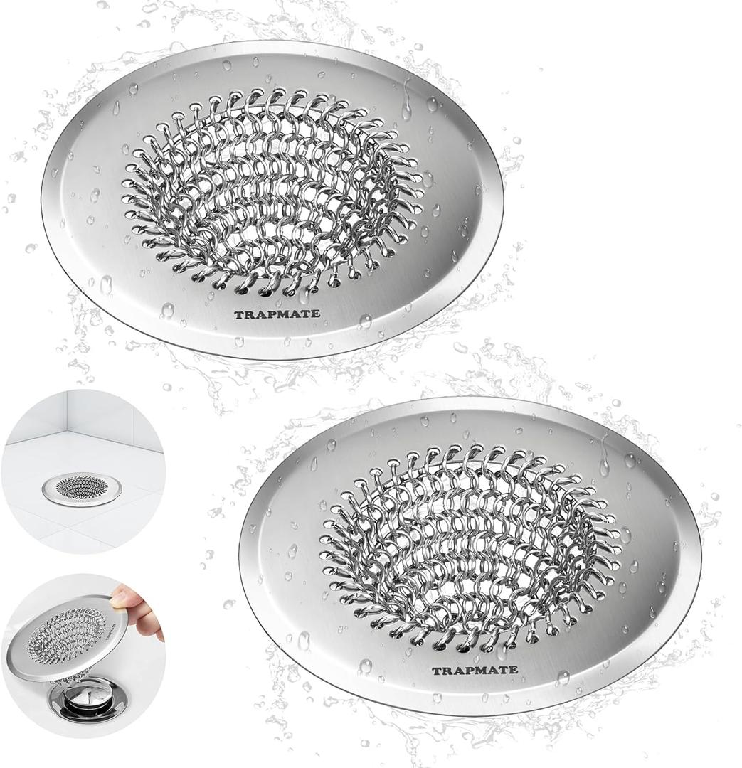 TRAPMATE 2 Pack Bathroom Sink Drain Strainer, 4.4" Fast Drainage Shower Drain Hair Catcher, Anti-Slip Bathtub Drain Hair Catcher, Stainless Steel Shower Drain Cover for Tub, Sink (Patented Product) (Silver Silver)
