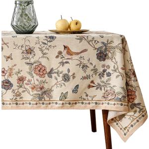 ISAENNE Designer French Light Beige Tablecloth Rectangular,Linen Florals and Birds Pattern Table Cloth,Anti-Wrinkle Decorative Tablecloths for Dining Thanksgiving Kitchen,55"*87"-Cornucopia