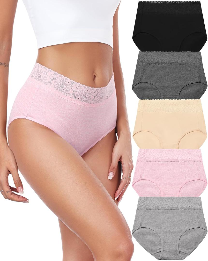 RHYFF Womens Underwear Cotton Lace Panties High Waist Panty Soft Breathable Ladies Hipster Full Coverage Briefs S-3XL (L)