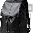 Laptop Travel Backpack For Men Vintage PU Leather Water-Resistant College School Casual 15.6" Laptop Work Backpack Gift For Male Female Black