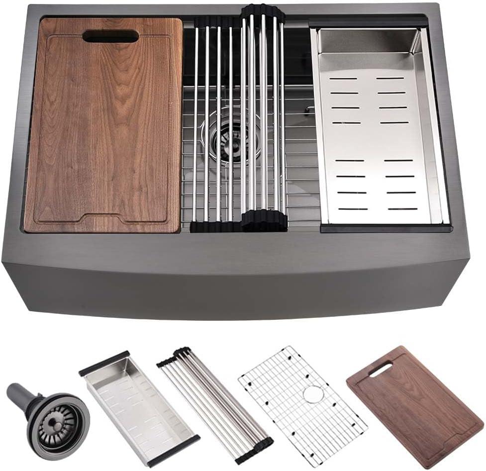 33 Inch Black Farmhouse Sink Workstation-Hovheir 33x21 Farmhouse Kitchen Sink Black Stainless Steel Apron Front 16 Gauge Single Bowl Deep Kitchen Farm Sink with Cutting Board