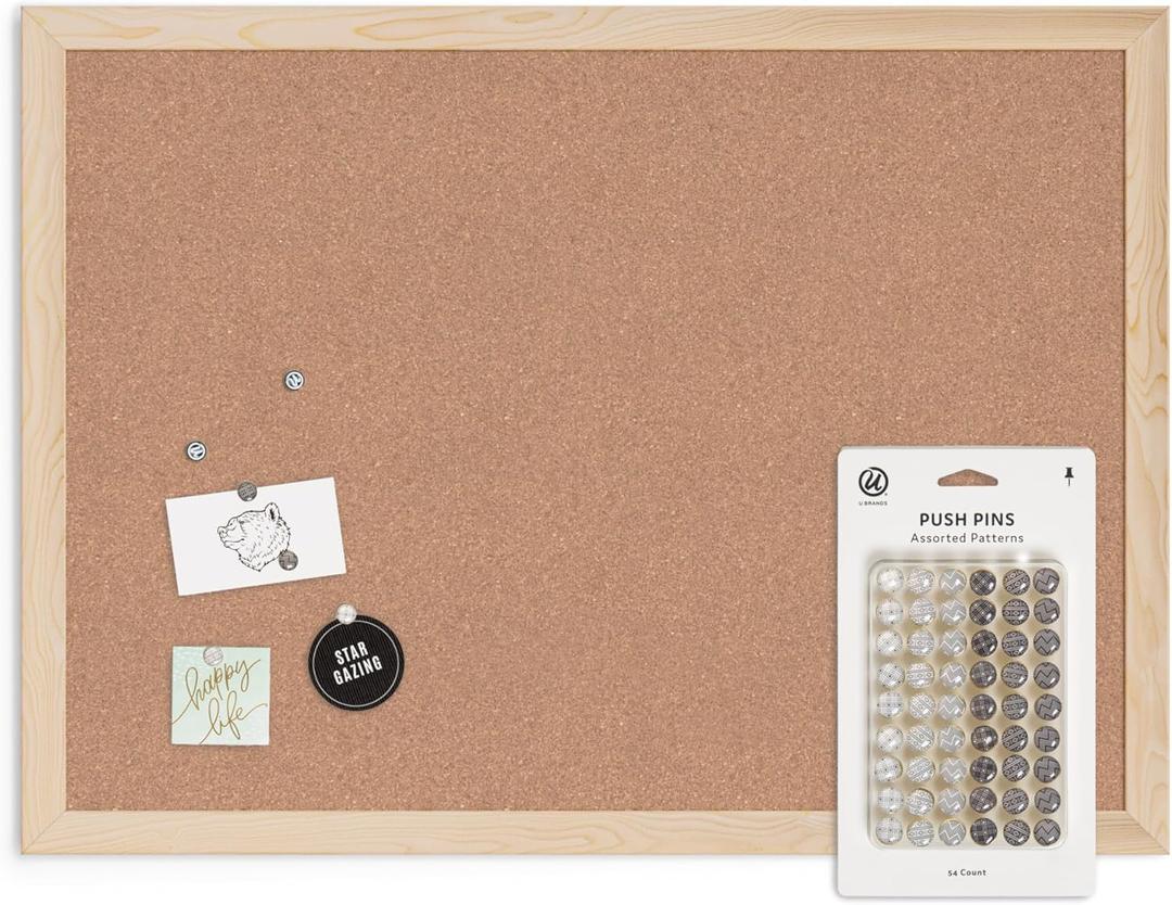 U Brands Vision Board Supplies Bundle, 17" x 23" Birch Wood-Style Frame Cork Bulletin Board & Set of 54 Push Pins in Assorted Styles