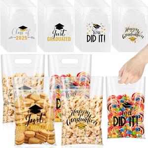 Sinload 100 Pcs Graduation Gift Bags Grad Treat Bags with Handles Transparent Sealed Bag Resealable Congrats Grad Plastic Bag for Graduation Theme Party Favors Candy Gift Wrap Supplies Decoration