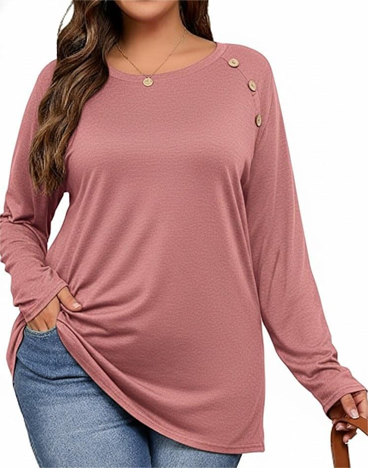Plus Size Buttons Decor Long Sleeve Shirts Womens Raglan Sleeve Tshirts Casual Tops