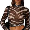WDIRARA Women's Zebra Print Mesh Sheer T Shirts Mock Neck Long Sleeve Tee Y2k Fitted Crop Tops Army Green Large