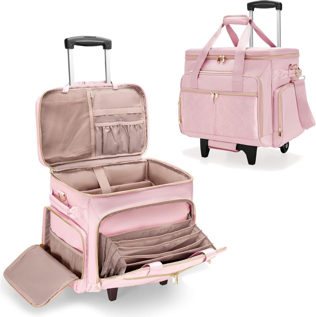 Rolling Teacher Bag with Wheels, Teacher Tote Bag with Detachable Trolley, Fits for 15.6" Laptop(Patent Design) (Pink)