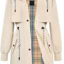 Women Waterproof Lightweight Long Rain Jacket Trench Coat with Adjustable Back Storm Shield,Check Lined&2-Way Zip (Beige, S)