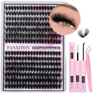 FANXITON Lash Clusters with Lash Bond and Seal Sweatproof, 10-18 mm D Volume Lash Extension Kit 280 pcs Individual Lashes Lash Clusters Kit and Tweezers Thick DIY Eyelash Extension Kit