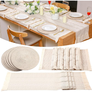 Boho Placemats Set of 6 Handmade Round Woven Placemats Boho Macrame White Table Runner with Tassel Farmhouse Placemat Cotton Burlap for Bohemian Dining Table Bedroom Decor Rustic Bridal Shower