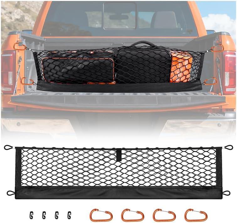 Bumbee Truck Bed Cargo Net, Highly Elastic Cargo Net Compatible with Storage Bag Small Mesh Durable Storage Organizer with Metal Carabiners & Storage Bag for Pickup Car Trunk SUV Boat(39.76" X 9.45")