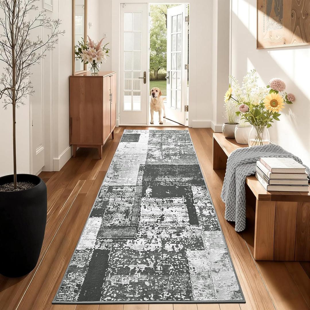 LOCHAS Washable Runner Rugs for Hallway, 2x6 Non Sip Kitchen Rug Runner for Bedroom Entryway Laundry Room, Long Abstract Runner Carpet for Bedside Floor, Black Grey Geometric Vintage Decor