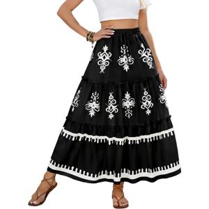 SOFIA'S CHOICE Western Boho Maxi Skirt for Women High Waisted Tiered A Line Flowy Long Skirts Beach Vacation (Black, M)