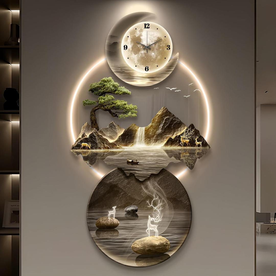 XQDYSG Wall Sculptures 3D Wall Art Decor Clock Plug-in Power Supply Home Decor Wall Modern Wall Hanging Sculpture Painting with LED Light for Bedroom Living Room Apartmen(Stylle C,19.6 * 39.37IN)