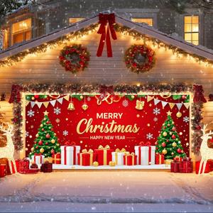 IVN Christmas Garage Door Cover Decoration 13x6ft Trees Gifts and Bells Red Festive Theme Merry Christmas Winter Garage Door Banner Home Door Front Yard Decor for Xmas Eve Holiday Outdoor