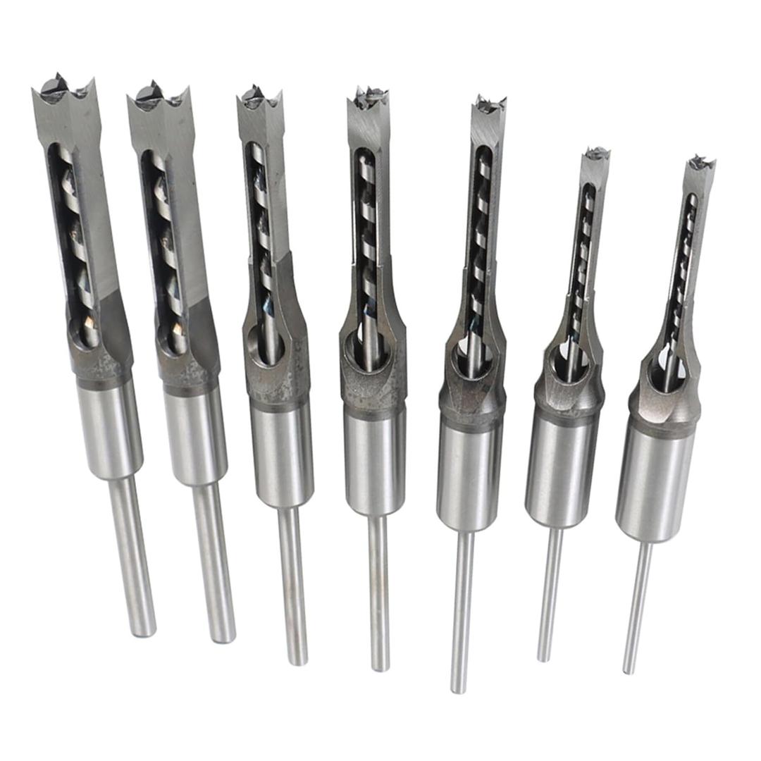 7Pcs Square Drill Bits Tools Round Handle Woodworking Hole Saw and Tenon Chisel Set Drill Bits Sizes 9/16 in 1/2 in 2/5 in 3/8 in 5/16 in 1/4 in 6/25 in