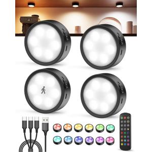 Radar Motion Sensor Puck Lights with Remote, 2400mAh RGB Rechargeable Wireless Under Cabinet Lighting for Kitchen, Magnet Stick on LED Closet Lights, Cordless Push Light for Counter, Stairs