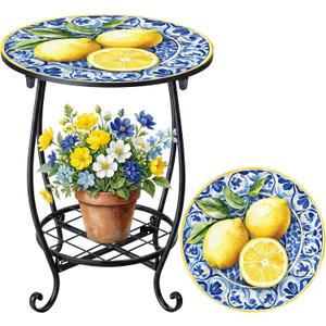Cinnvoice Outdoor Side Table Round Small Mosaic Patio Accent Indoor End Plant Coffee Tea Table for Yard Patio Porch Garden Living Room, Bedroom(Lemon Style,14 Inch)