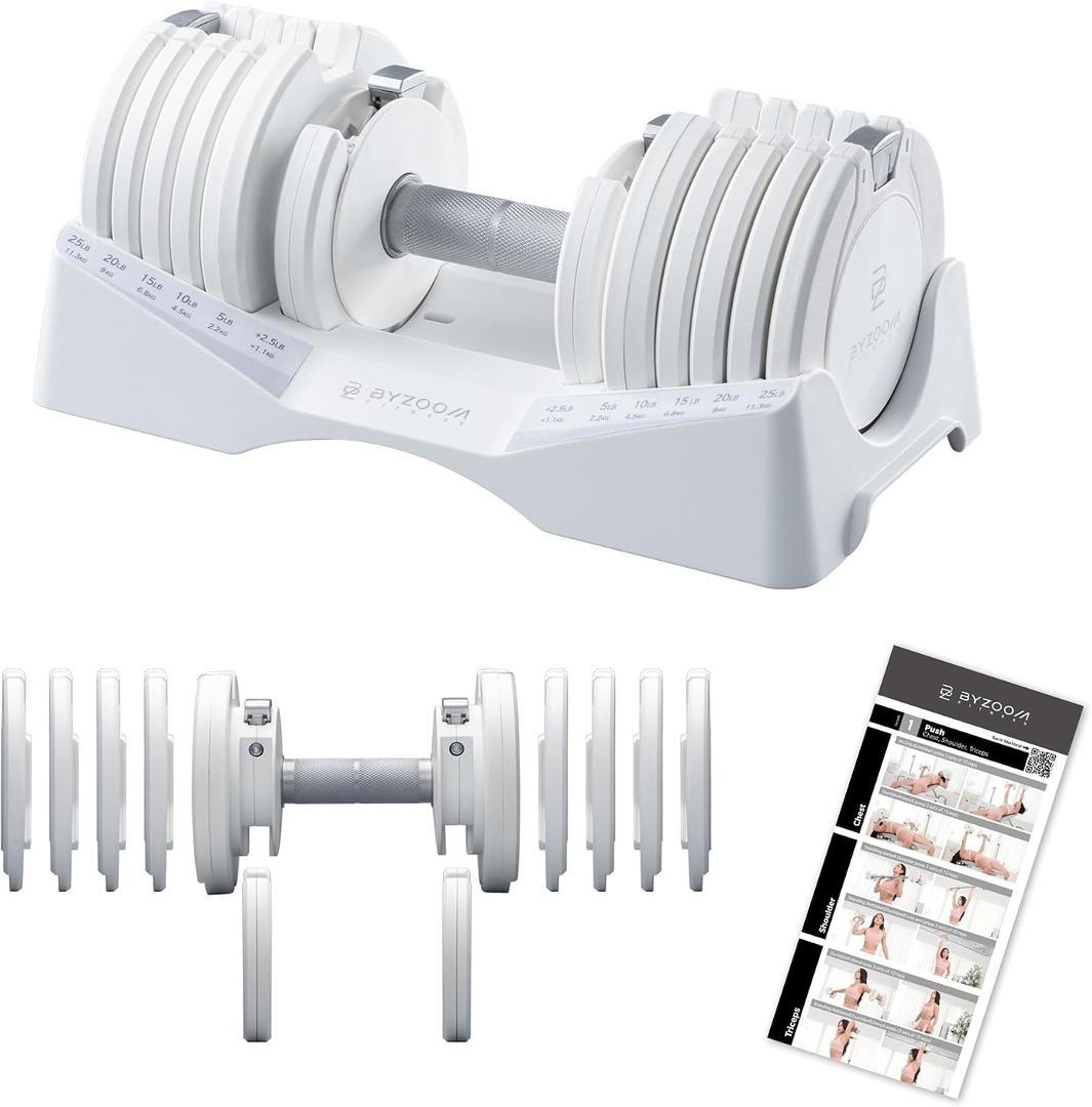 BYZOOM FITNESS Pure Series Adjustable Dumbbell - 27.5 LB - ONE unit - 10-in-1 Flexible Hand Weights for Home Gym, Strength Training & Fitness Workouts, White , 27.5lb White Single