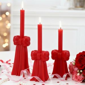 Lounsweer 3 Pcs Valentine Bow Shaped Candle Set 10'' 8'' 6'' Red Bow Wax Valentine Candlestick Holder for Birthday Party Gift Wedding Home Restaurant Table Holiday Celebration Centerpiece Decor