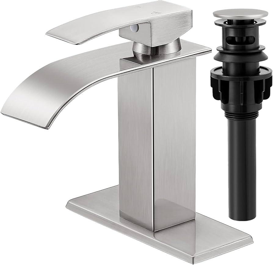 KZH Bathroom Sink Faucet, Single Handle Bathroom Faucets for 1 or 3 Hole Bathroom Sink Faucet Washbasin Faucet RV Vanity Faucet with Deck Plate, Pop-up Drain and Supply Hoses Brushed Nickel