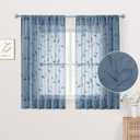 HOMEIDEAS Stone Blue Sheer Kitchen Curtains 52 x 54 Inch Length 2 Panels Embroidered Leaf Pattern Short Curtains for Bedroom Half Small Bathroom Window Rod Pocket Tiers