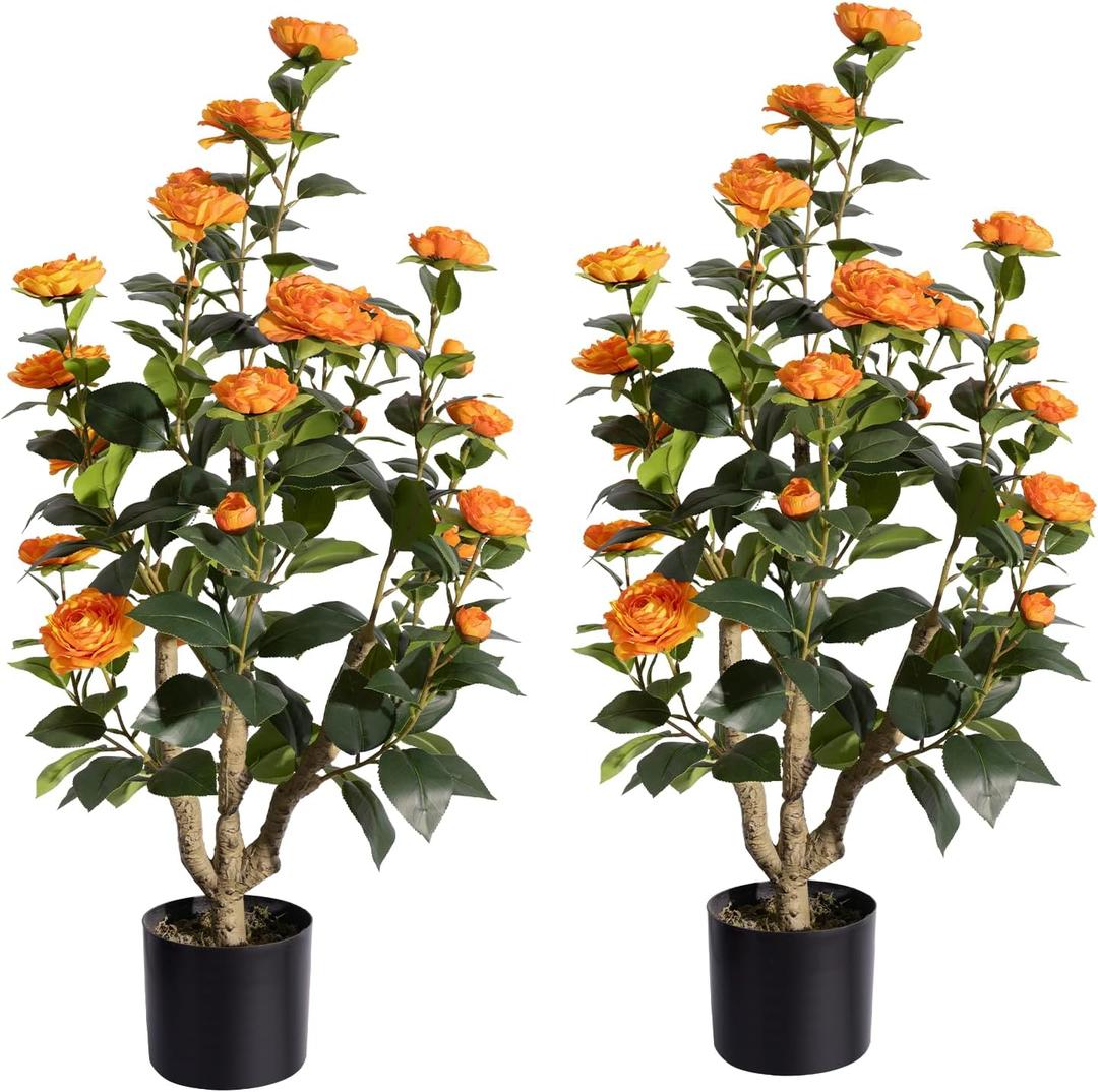 Romantic Season 2Pack Artificial Camellia Tree 3FT, Orange Faux Camellia Plant Fake Potted Camellia Flower Tree Plastic Camellia Tree for Modern Home Office Living Room Floor Dcor Indoor