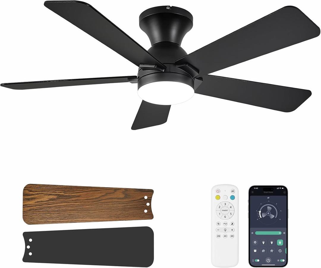 Ceiling Fans with Lights, 42 Inch Low Profile Ceiling Fan with Light and Remote Control, Flush Mount, Reversible, 3CCT, Dimmable LED, Quiet, Black Ceiling Fan for Bedroom, Kitchen