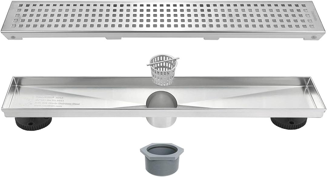 Neodrain 18-Inch Brushed Linear Shower Drain with Removable Quadrato Pattern Cover, 304 Stainless Steel Rectangle Shower Floor Drains, Bathroom Linear Drain &Hair Strainer(Brushed Nickel)